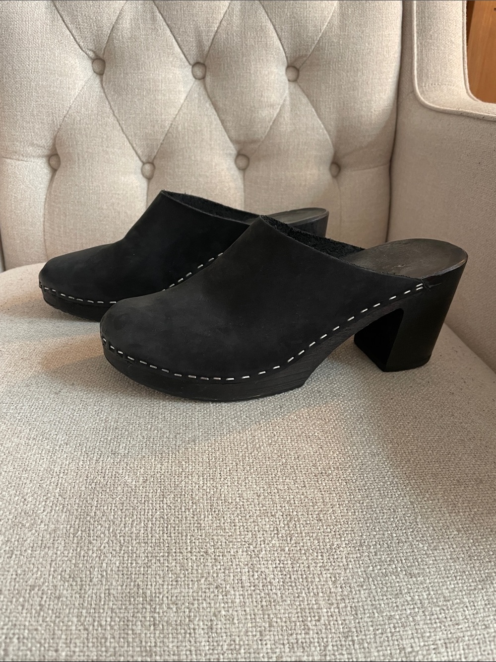 Black Nubuck Heeled Clogs - Women
